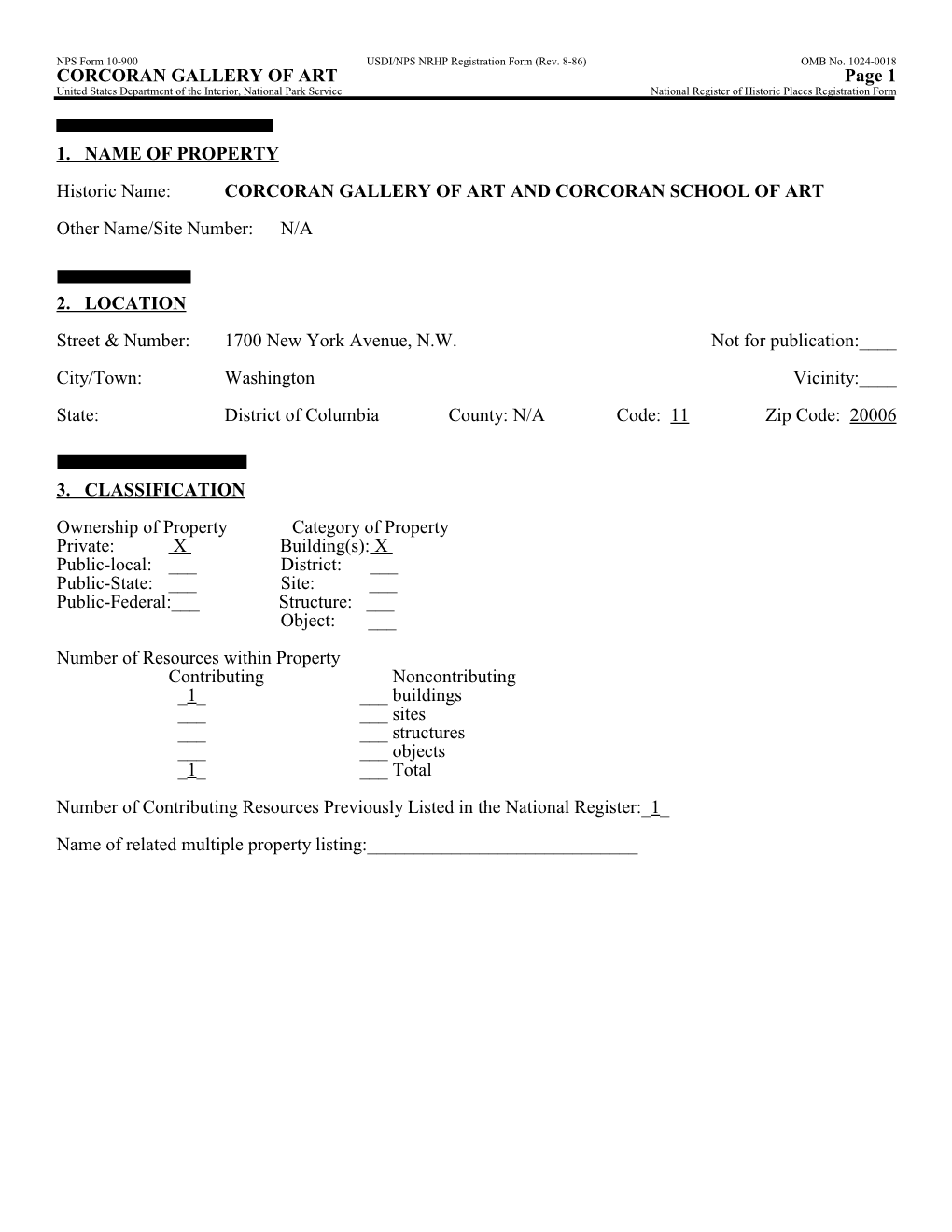 CORCORAN GALLERY of ART Page 1 United States Department of the Interior, National Park Service National Register of Historic Places Registration Form