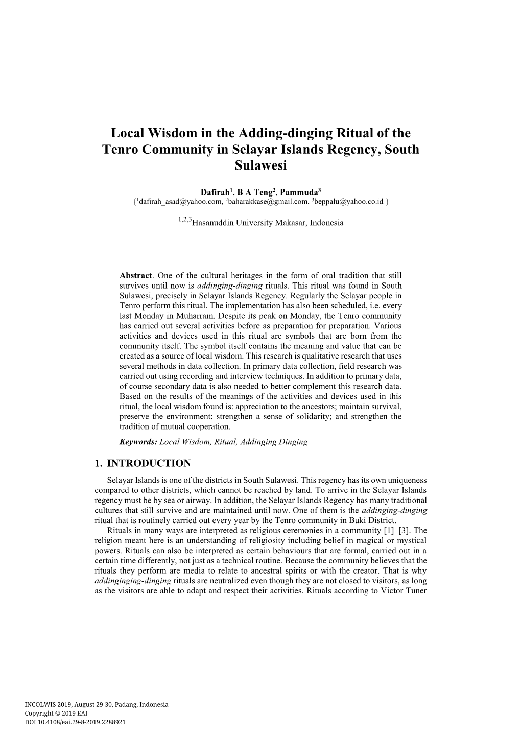 Local Wisdom in the Adding-Dinging Ritual of the Tenro Community in Selayar Islands Regency, South Sulawesi