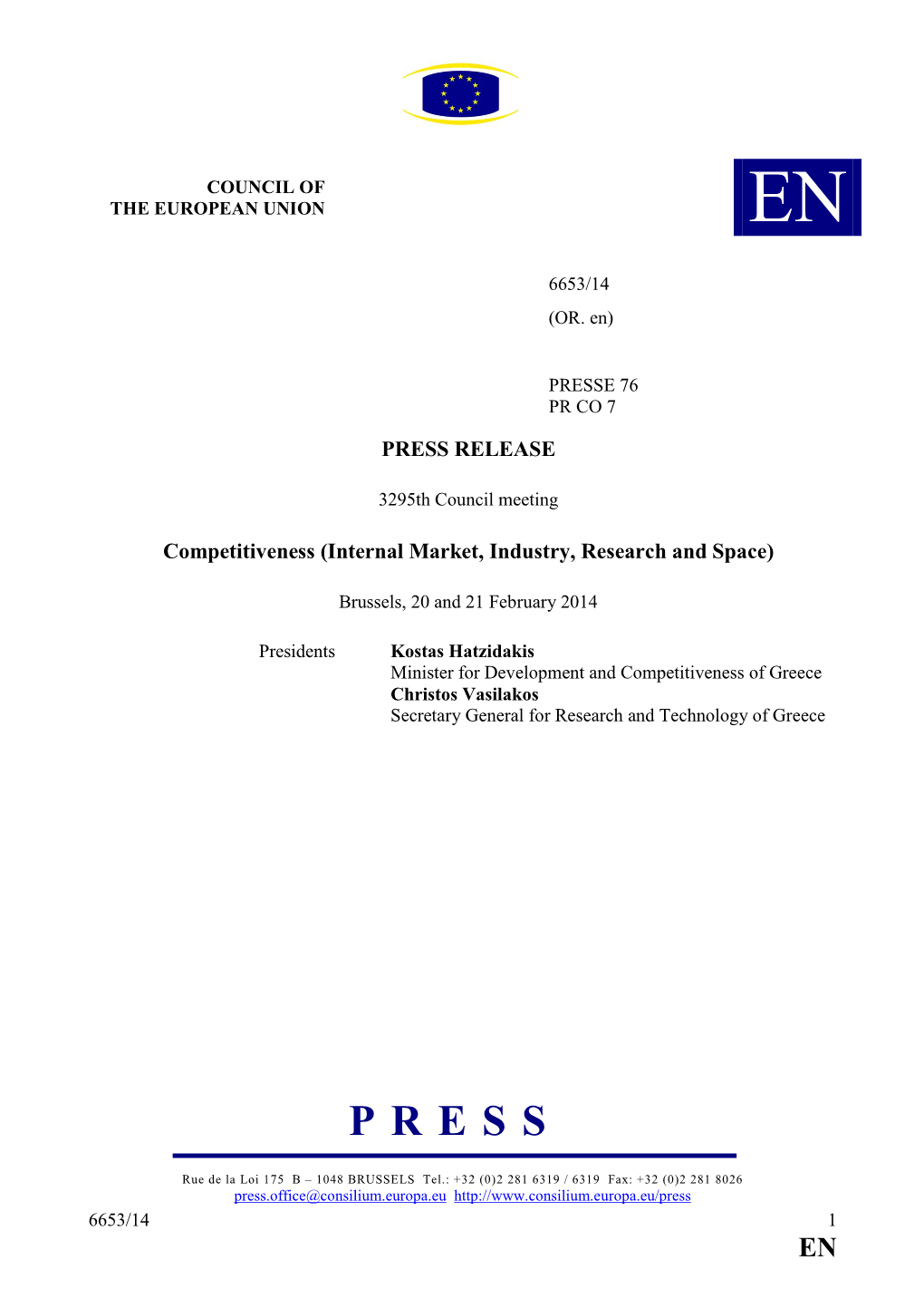 PRESS RELEASE Competitiveness (Internal Market, Industry, Research