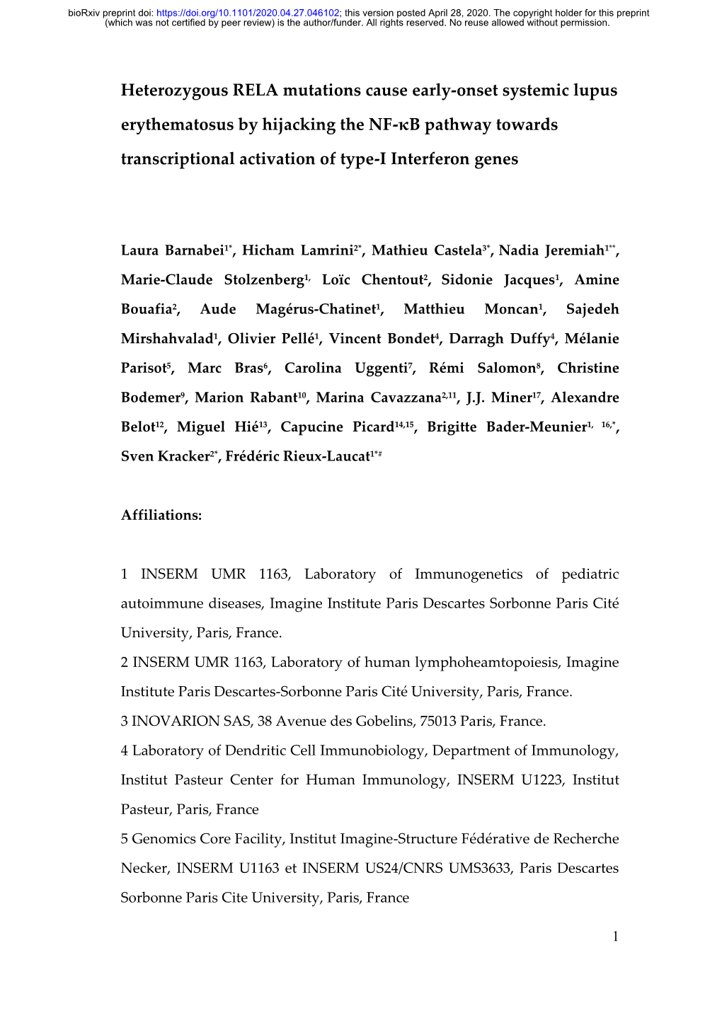 Heterozygous RELA Mutations Cause Early-Onset Systemic Lupus