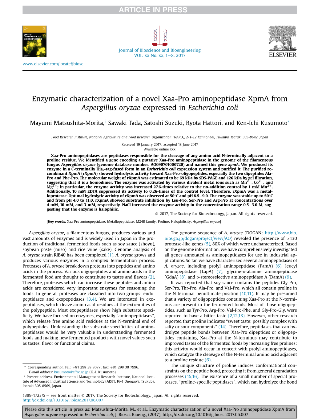 Enzymatic Characterization of a Novel Xaa-Pro Aminopeptidase Xpma from Aspergillus Oryzae Expressed in Escherichia Coli