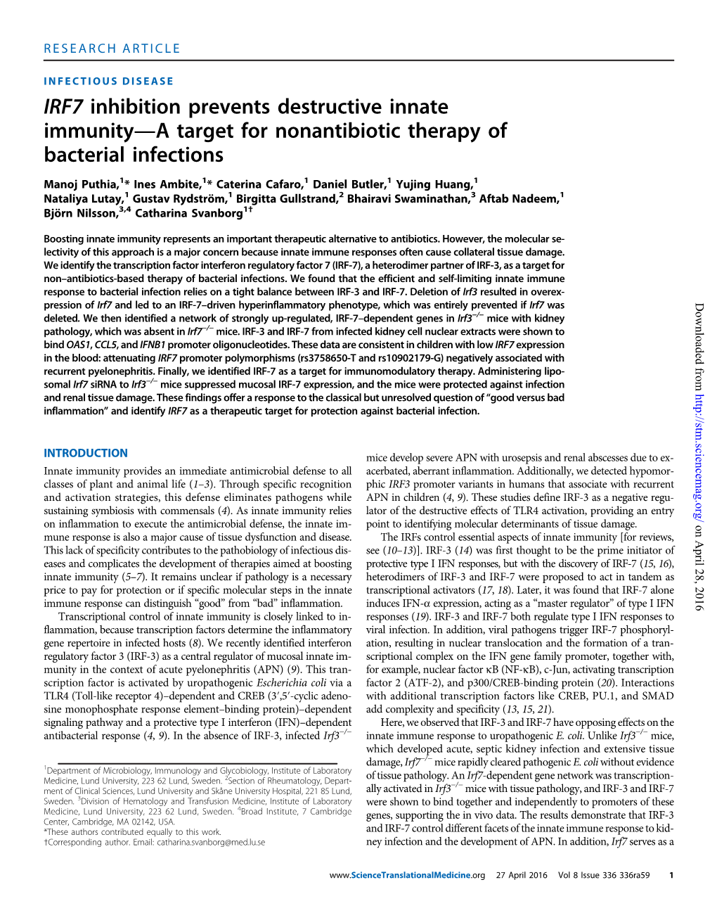 IRF7 Inhibition Prevents Destructive Innate Immunity—A Target for Nonantibiotic Therapy of Bacterial Infections