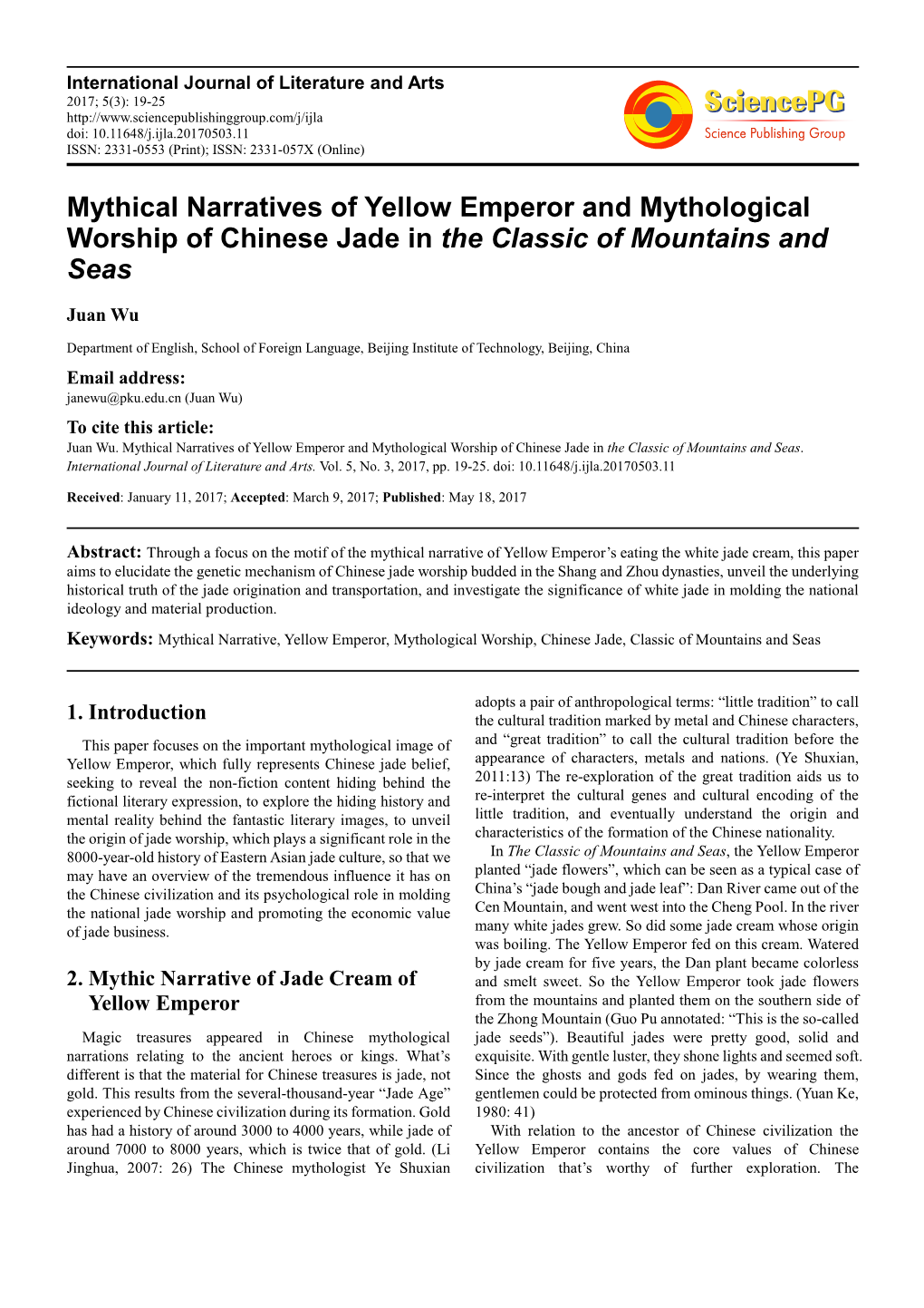 Mythical Narratives of Yellow Emperor and Mythological Worship of Chinese Jade in the Classic of Mountains and Seas