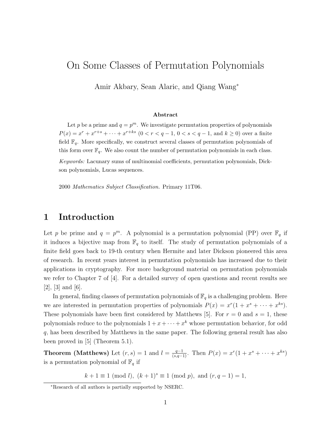 On Some Classes of Permutation Polynomials