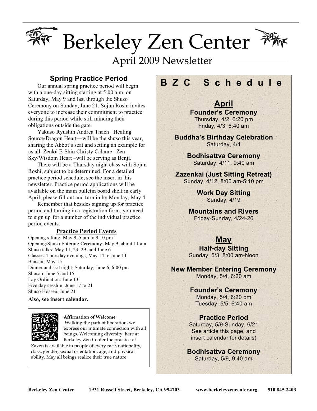 Berkeley Zen Center April 2009 Newsletter