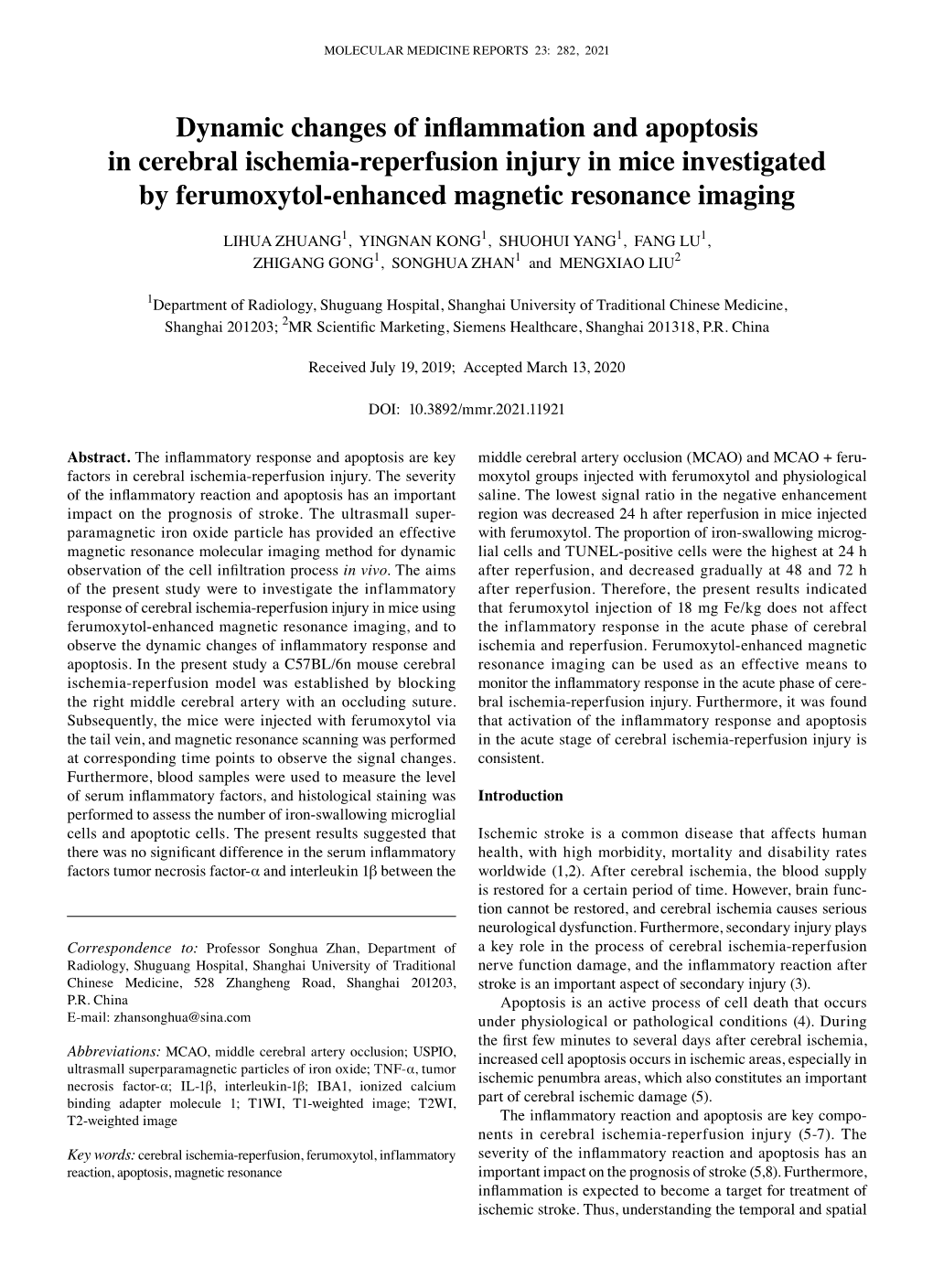 Dynamic Changes of Inflammation and Apoptosis in Cerebral Ischemia‑Reperfusion Injury in Mice Investigated by Ferumoxytol‑Enhanced Magnetic Resonance Imaging