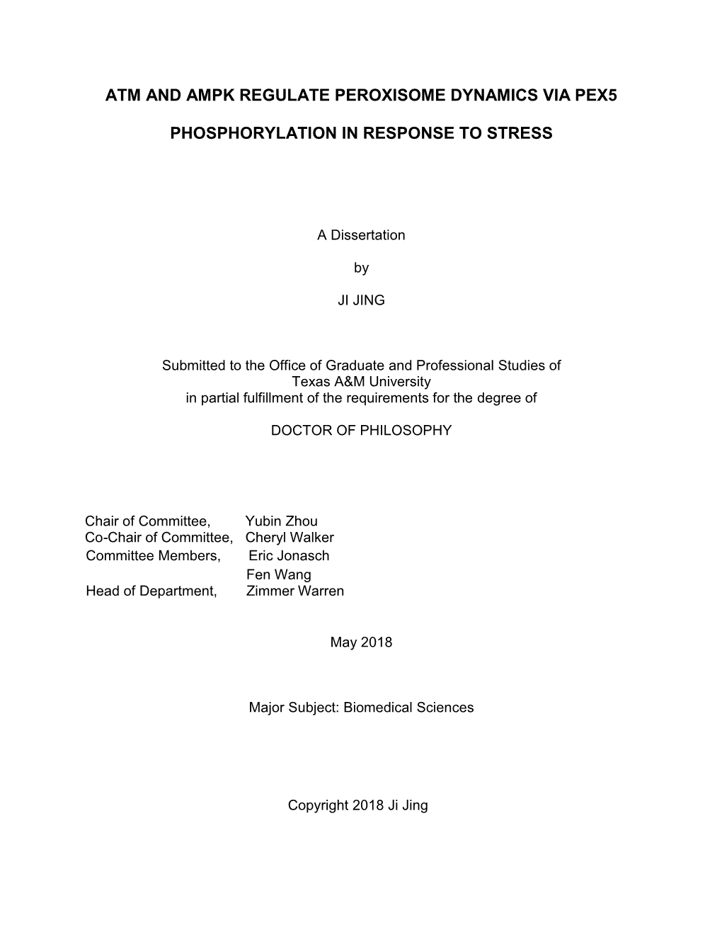 Atm and Ampk Regulate Peroxisome Dynamics Via Pex5