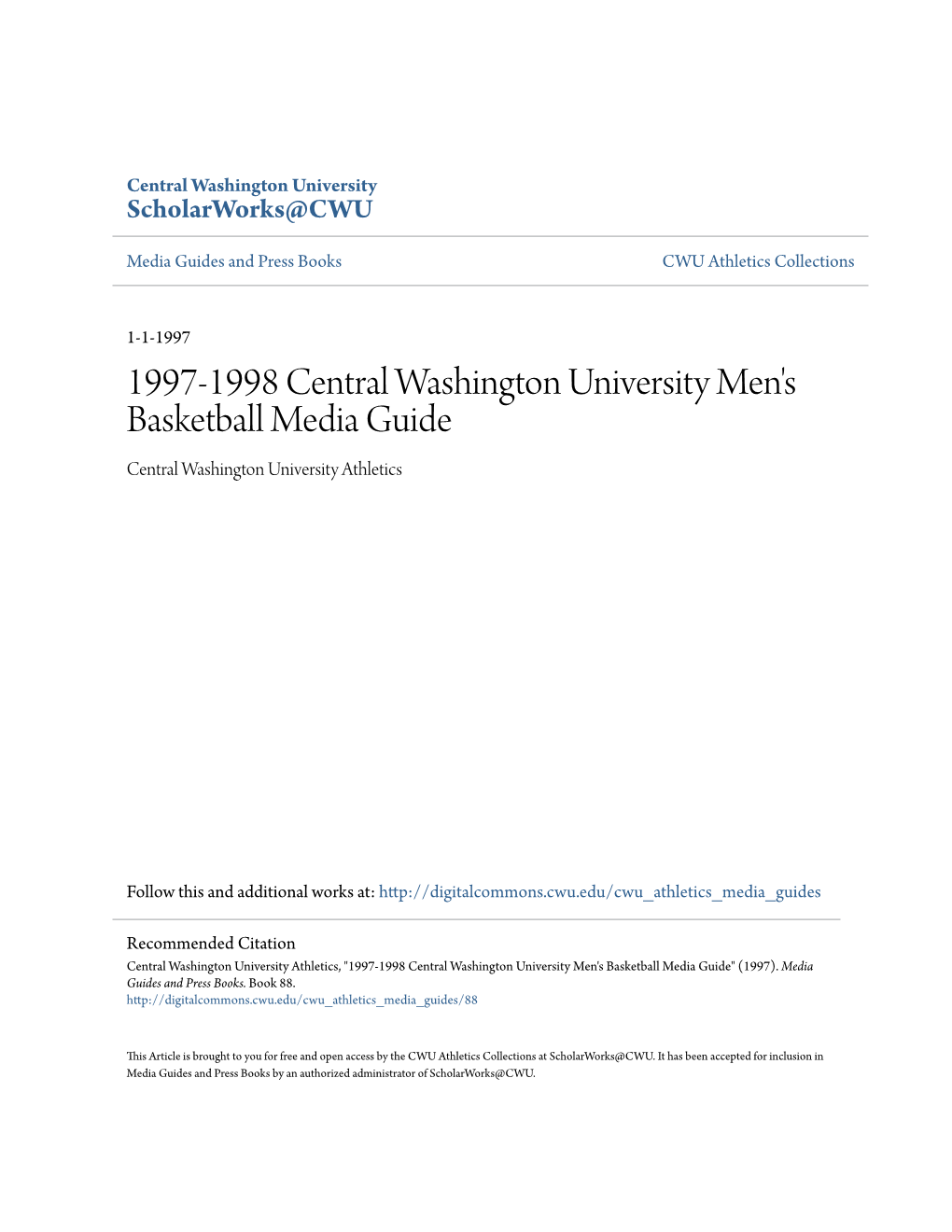 1997-1998 Central Washington University Men's Basketball Media Guide Central Washington University Athletics