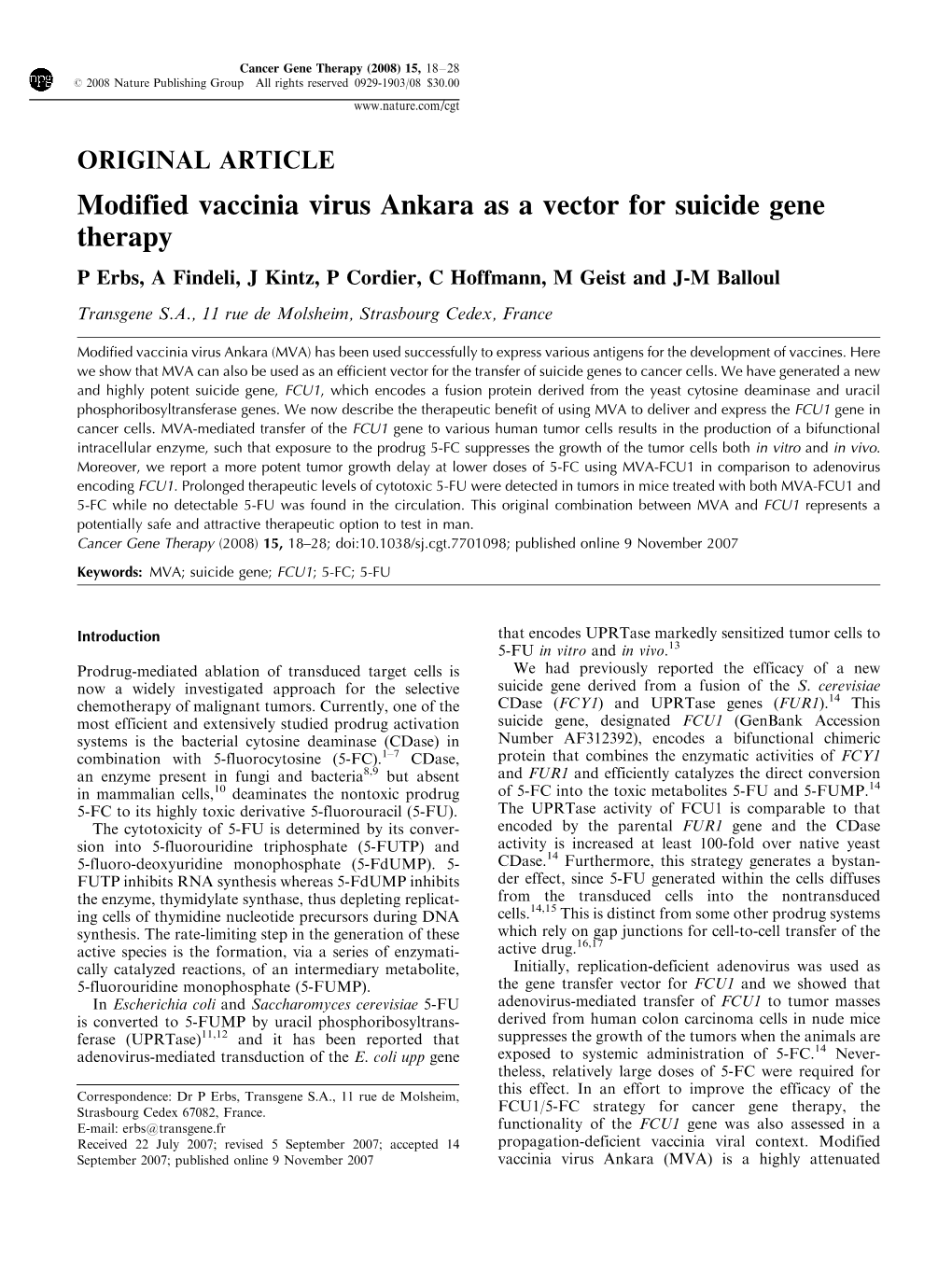 Modified Vaccinia Virus Ankara As a Vector for Suicide Gene Therapy