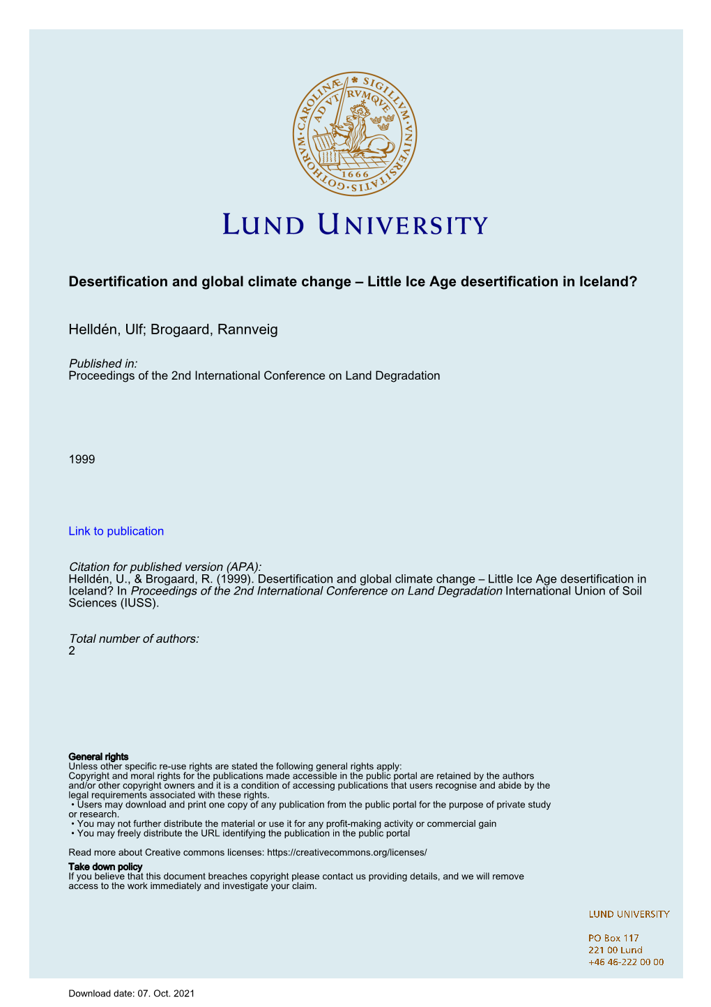 Little Ice Age Desertification in Iceland? Helldén