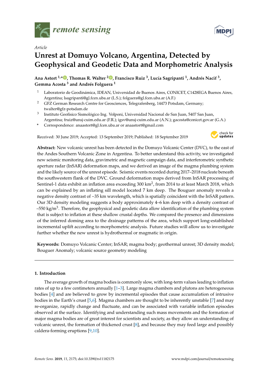 Unrest at Domuyo Volcano, Argentina, Detected by Geophysical and Geodetic Data and Morphometric Analysis