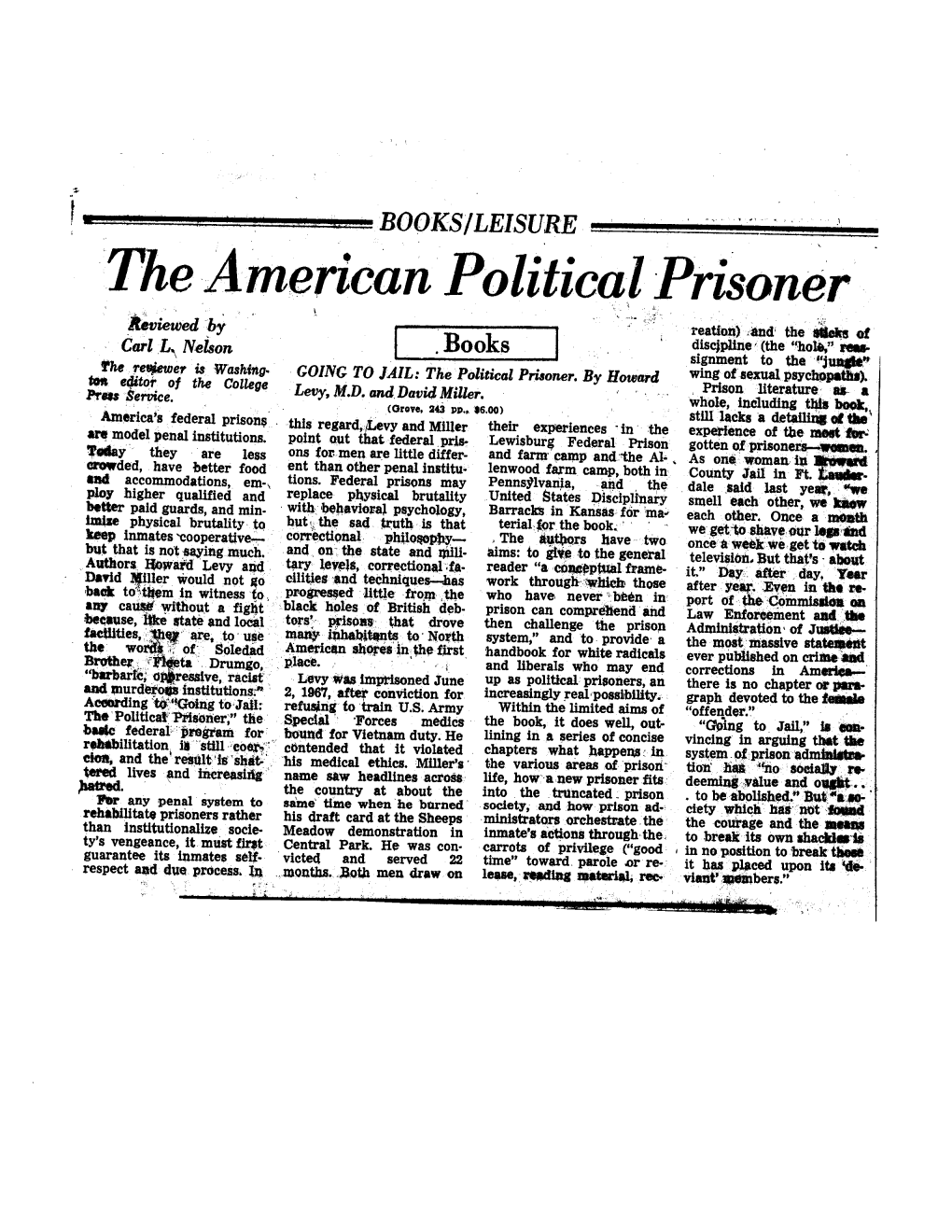 The American Political Prisoner Reviewed by Reation) .And the Tasks of Carl L.\ Nelson