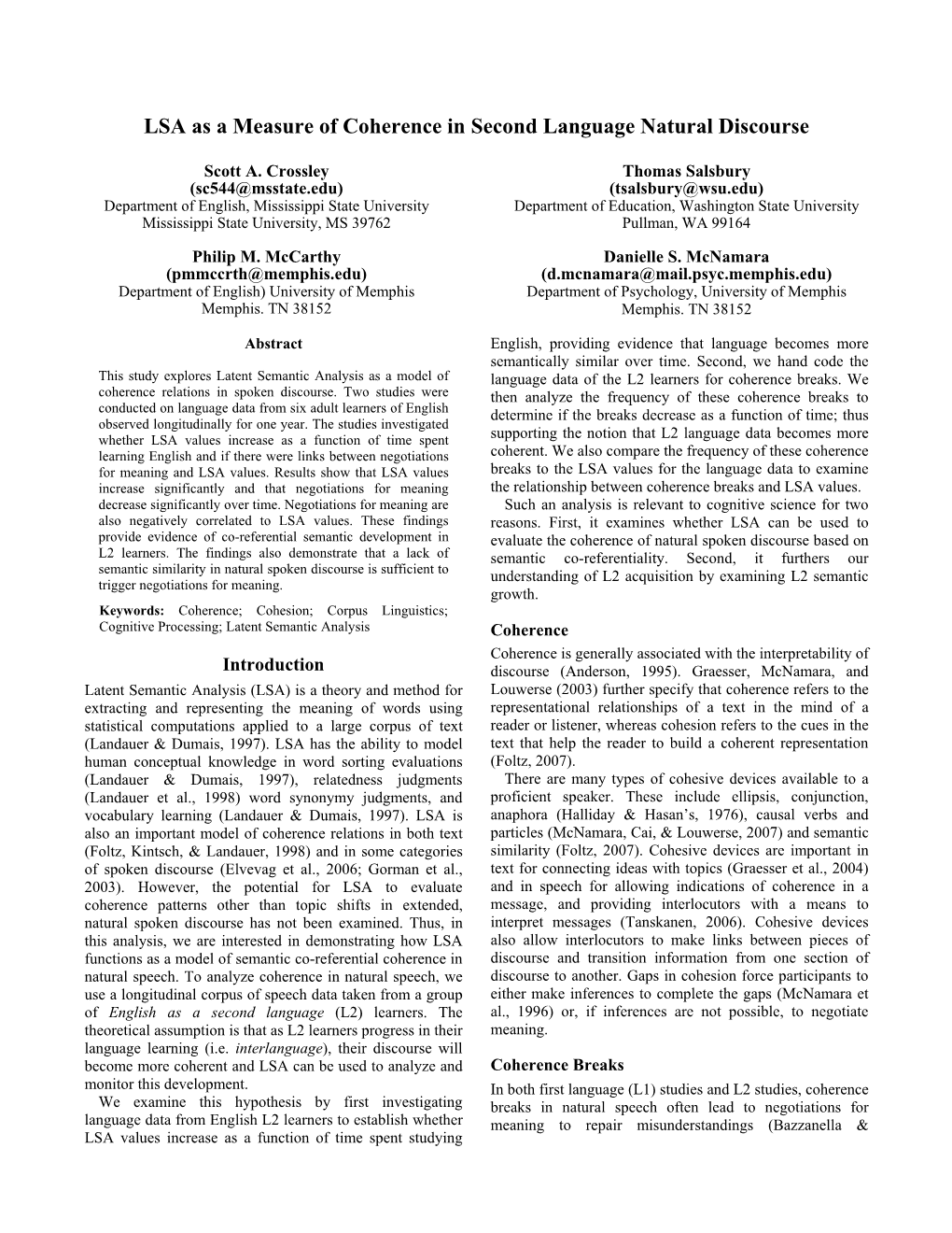 LSA As a Measure of Coherence in Second Language Natural Discourse