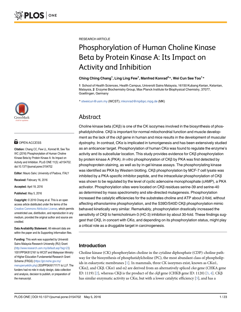 See Too WC (2016) Phosphorylation of Human Choline Kinase Beta By