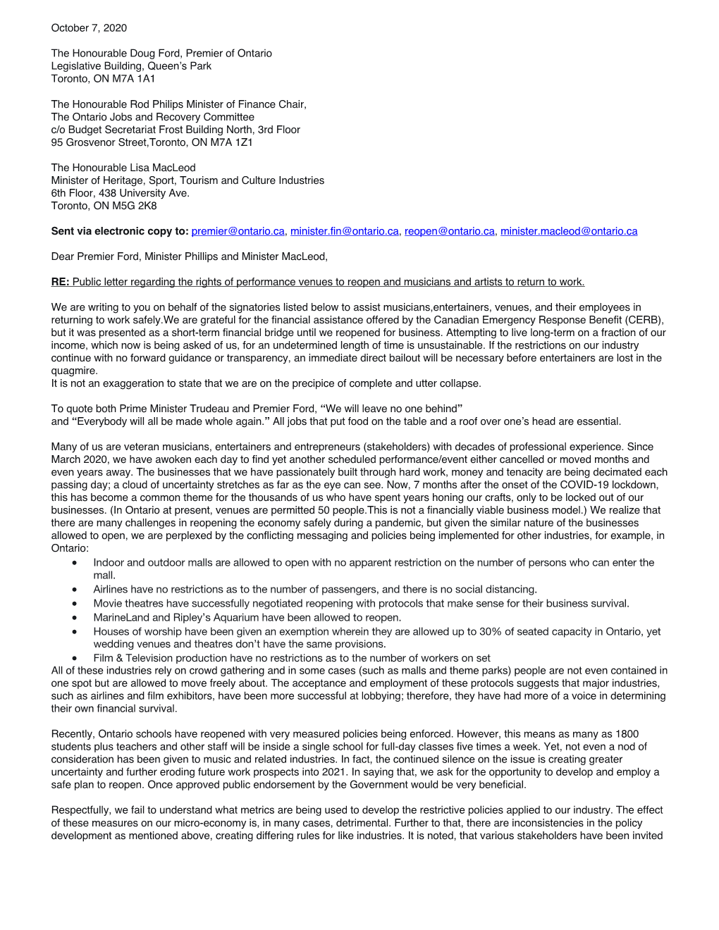 October 7, 2020 Letter from Grassroots Leaders to Premier Ford