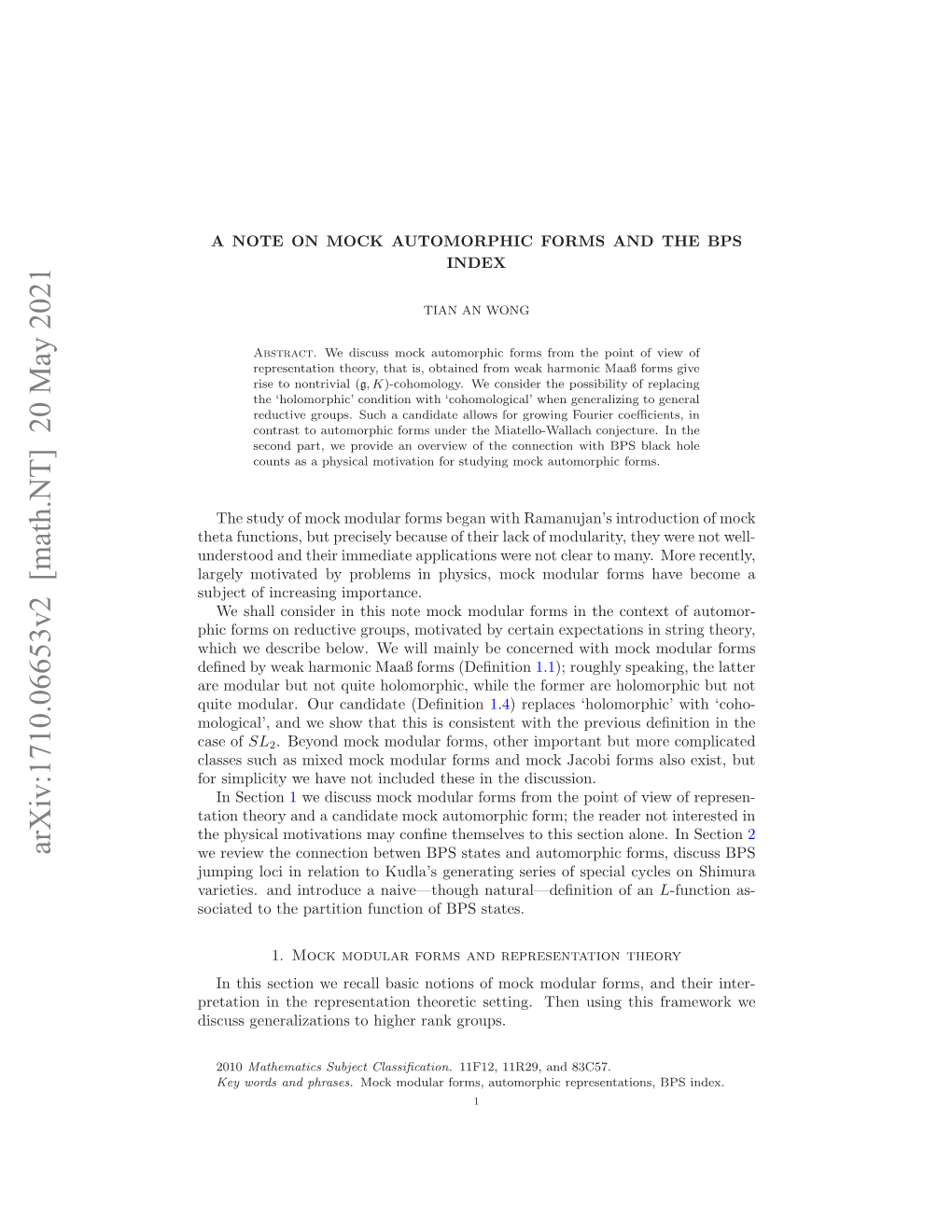 Arxiv:1710.06653V2 [Math.NT] 20 May 2021 Agl Oiae Ypolm Npyis Okmdlrfrshv Be Have Forms Modular Mock Physics, Importance