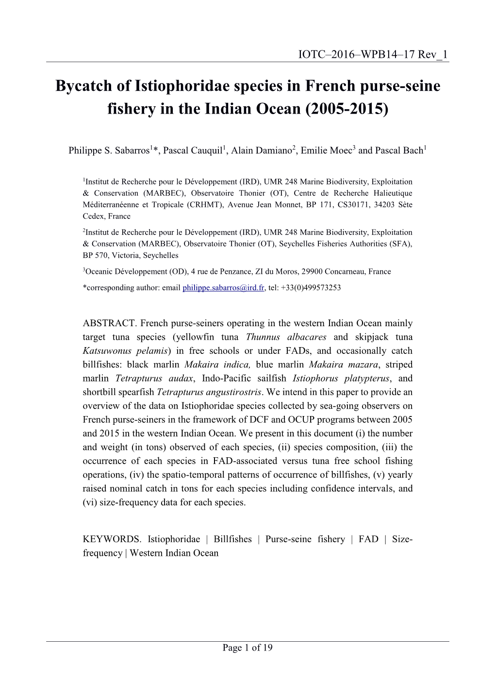 Bycatch of Istiophoridae Species in French Purse-Seine Fishery in the Indian Ocean (2005-2015)