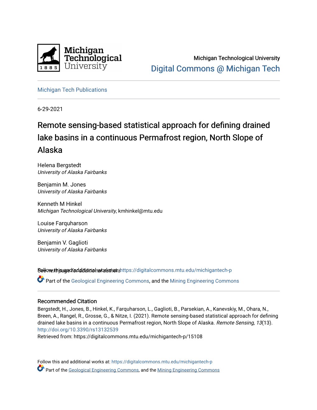 Remote Sensing-Based Statistical Approach for Defining Drained Lake Basins in a Continuous Permafrost Region, North Slope of Alaska