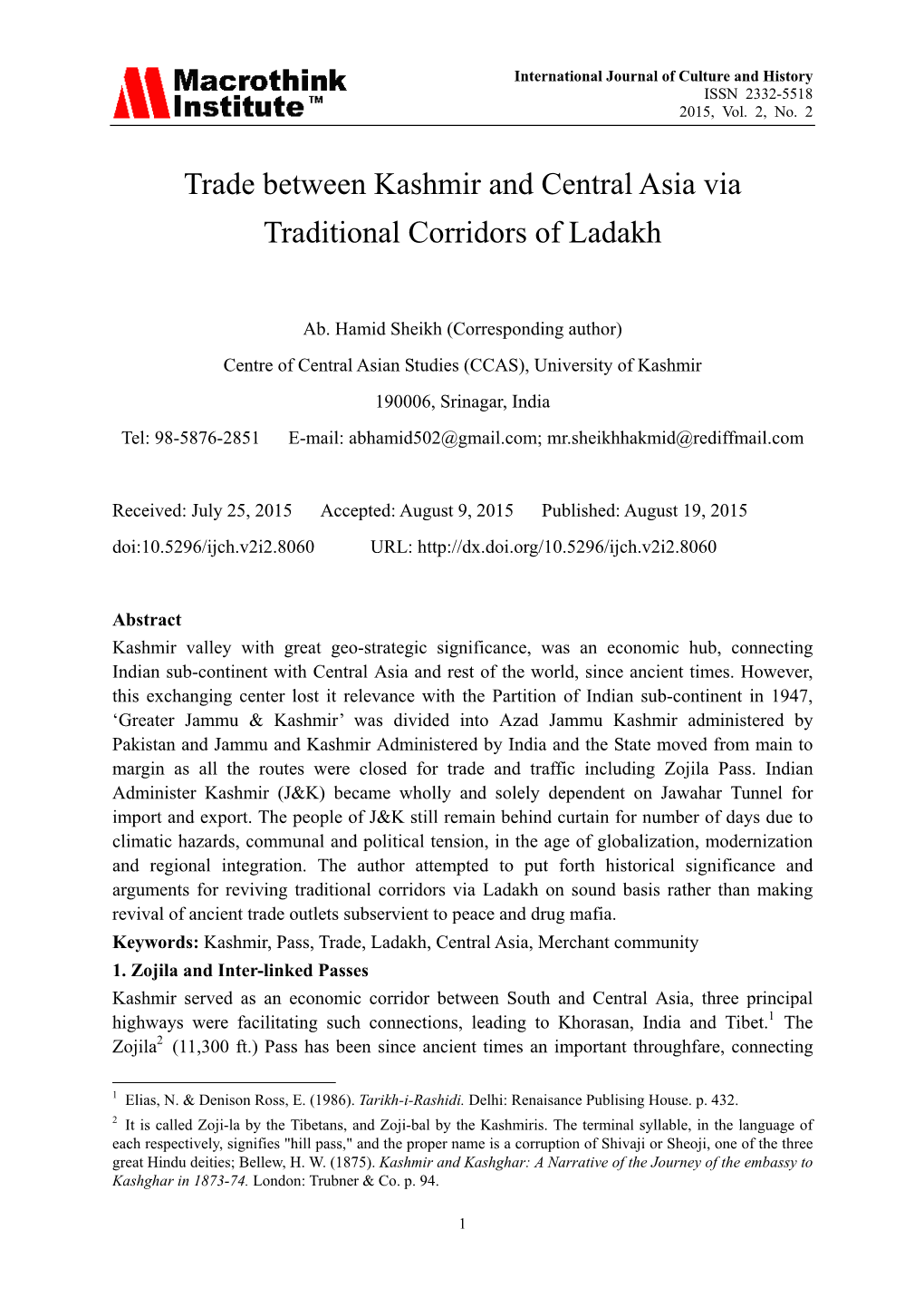 Trade Between Kashmir and Central Asia Via Traditional Corridors of Ladakh