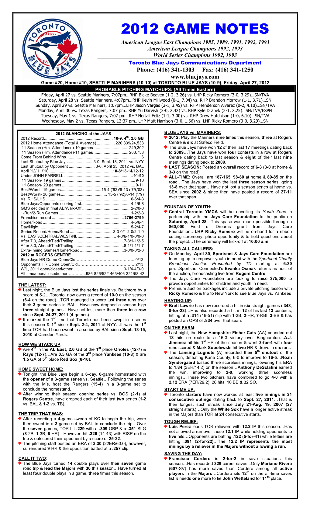 2012 Game Notes