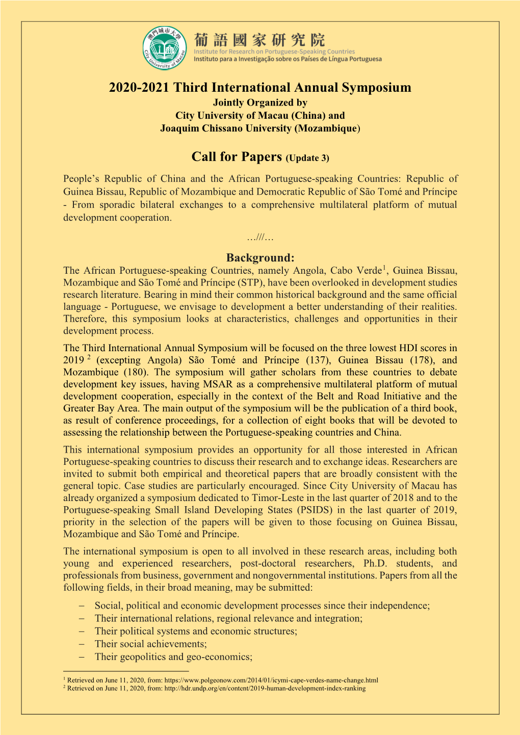 2020-2021 Third International Annual Symposium Call for Papers (Update