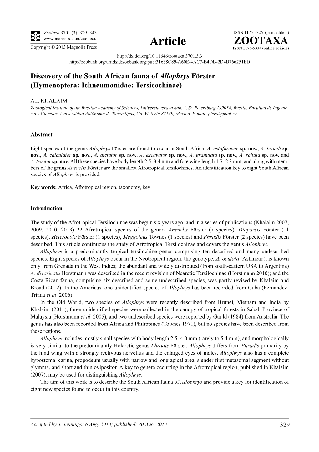 Discovery of the South African Fauna of Allophrys Förster (Hymenoptera: Ichneumonidae: Tersicochinae)