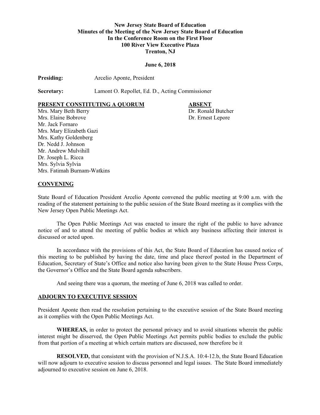 New Jersey State Board of Education Minutes of the Special Meeting Of