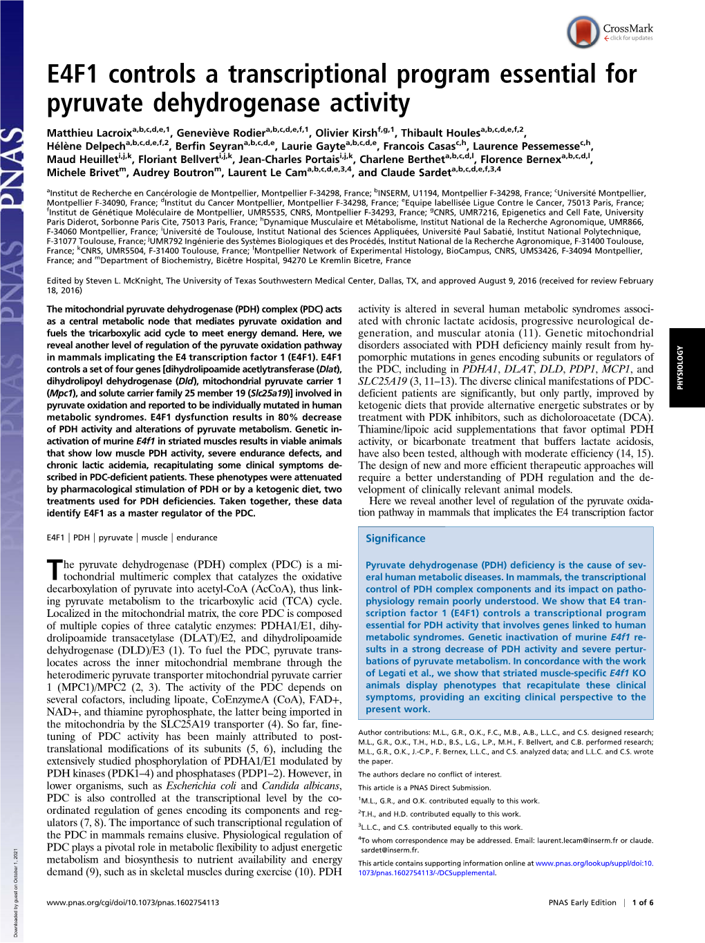 E4F1 Controls a Transcriptional Program Essential for Pyruvate Dehydrogenase Activity
