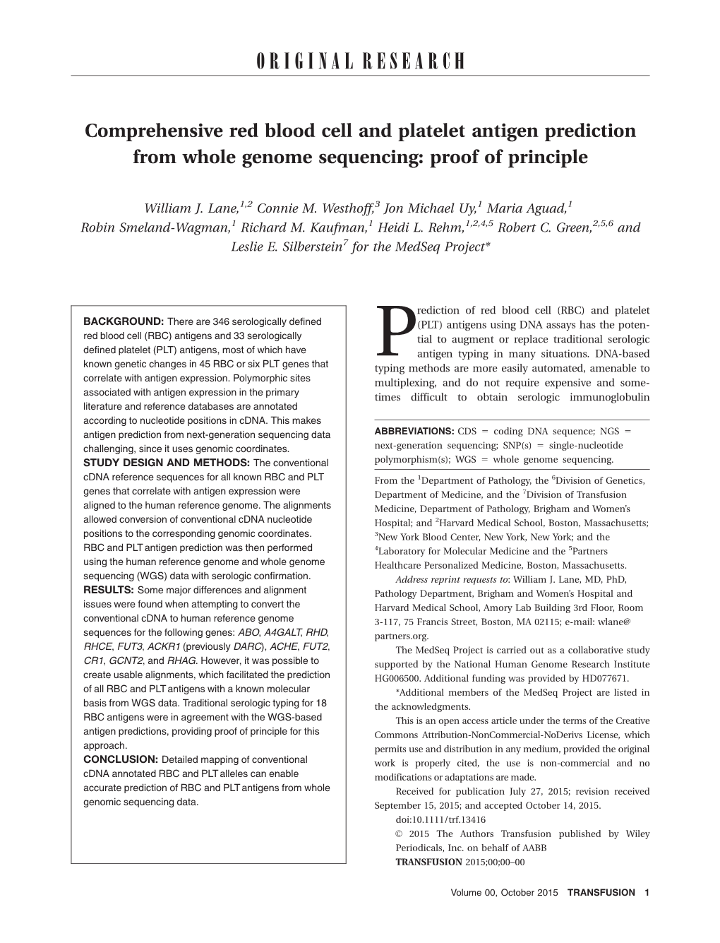 Comprehensive Red Blood Cell and Platelet Antigen Prediction from Whole Genome Sequencing: Proof of Principle