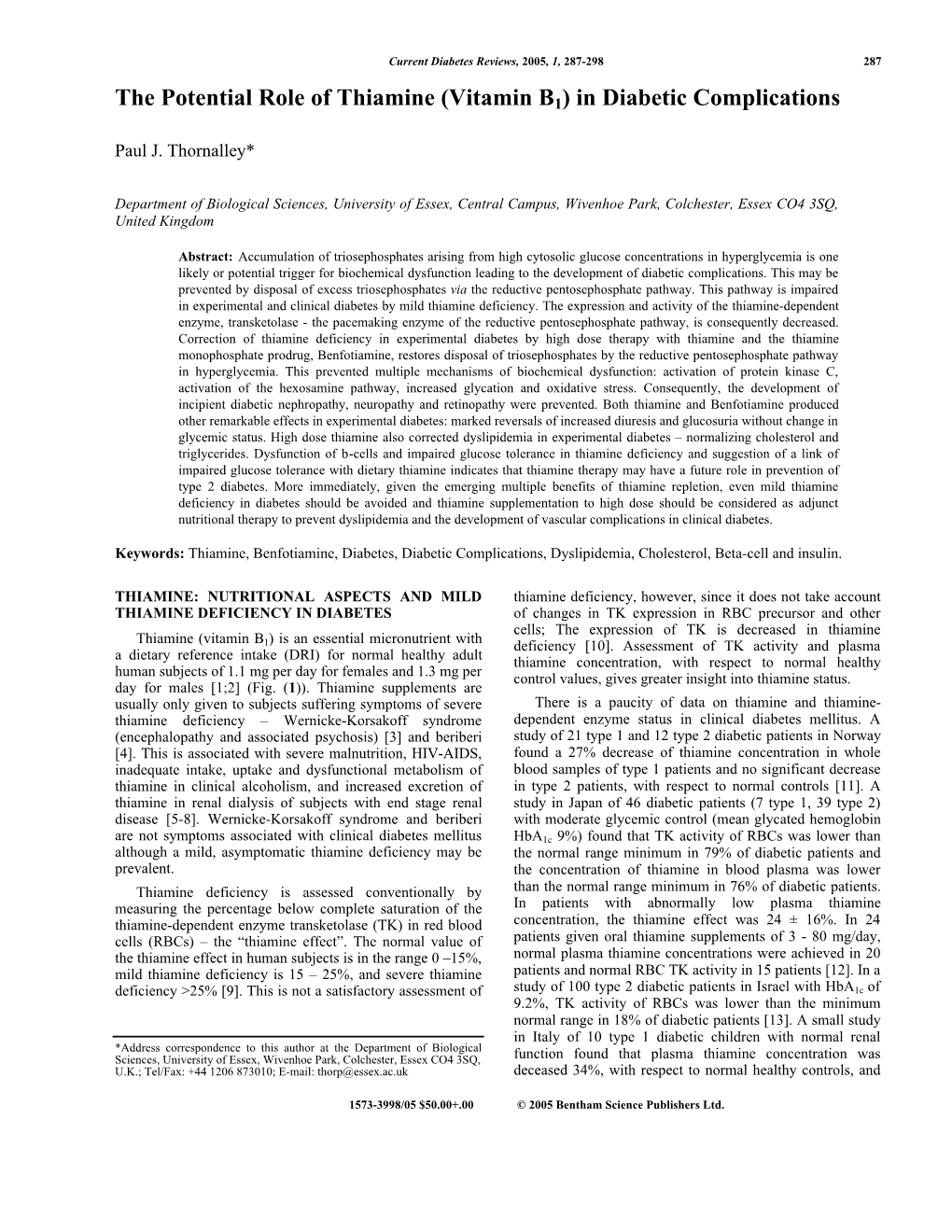 Vitamin B1) in Diabetic Complications