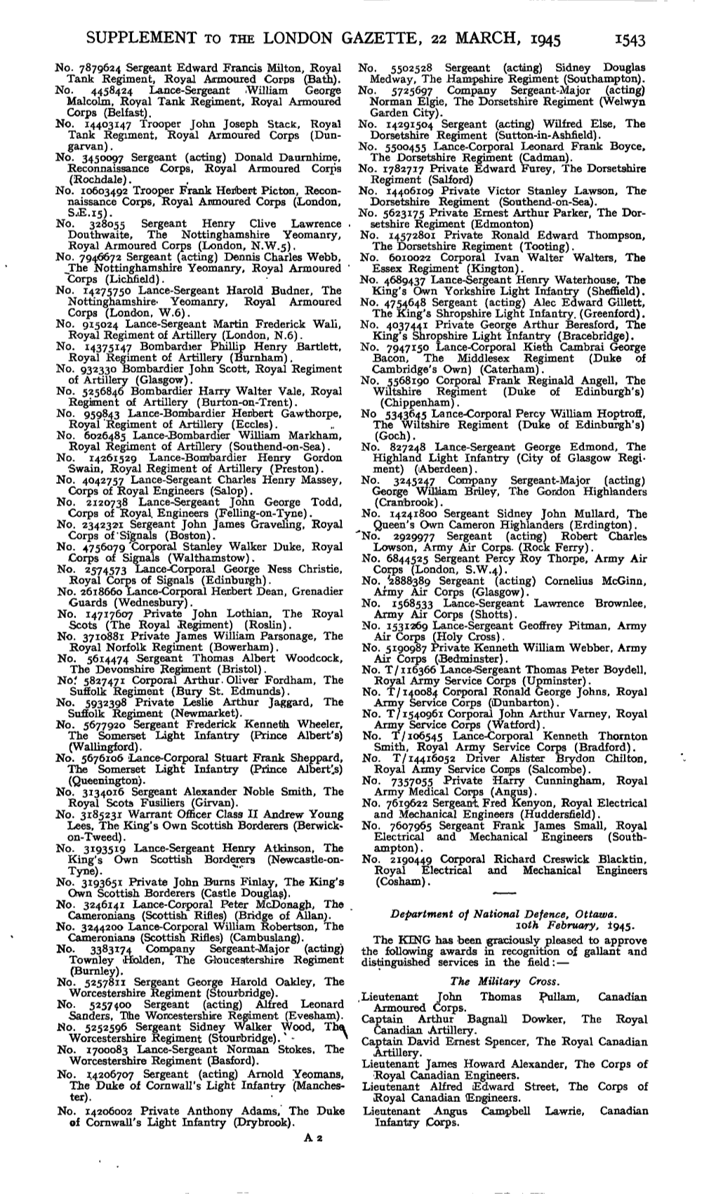 SUPPLEMENT to the LONDON GAZETTE, 22 MARCH, 1945 1543 No