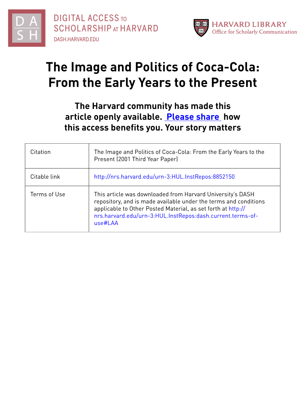 The Image and Politics of Coca-Cola: from the Early Years to the Present