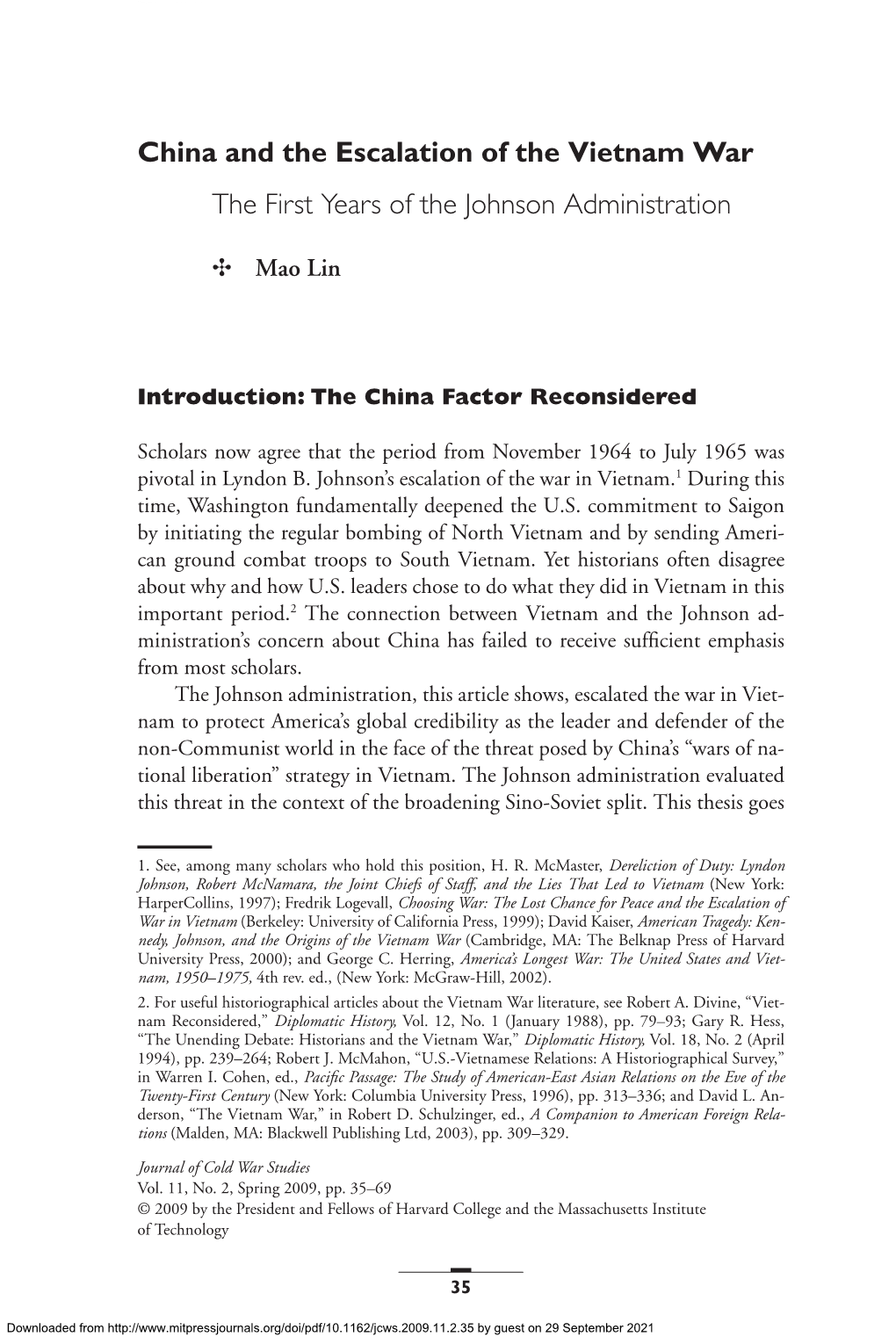 China and the Escalation of the Vietnam War the First Years of the Johnson Administration