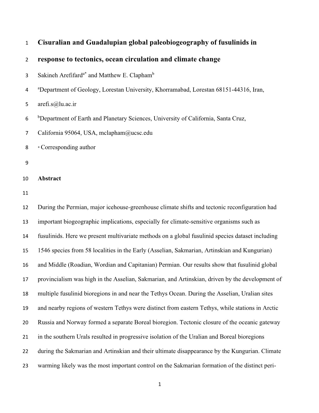 Cisuralian and Guadalupian Global Paleobiogeography of Fusulinids In