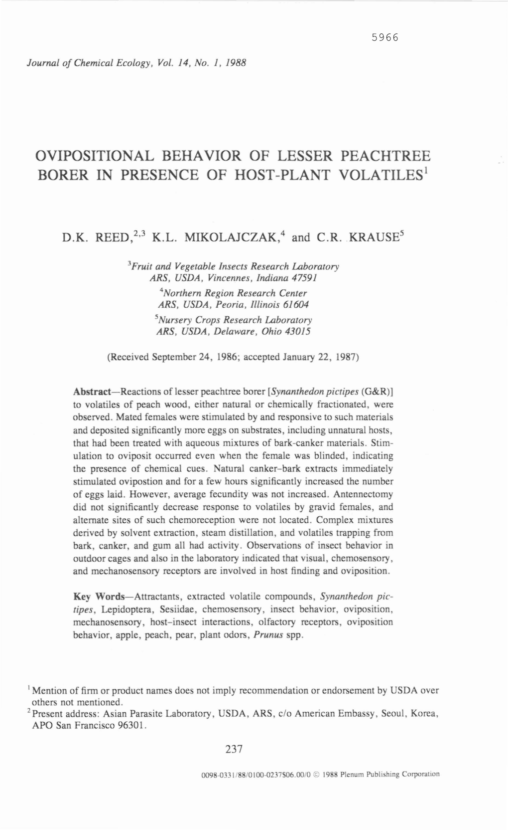 Ovipositional Behavior of Lesser Peachtree Borer in Presence of Host-Plant Volatiles 1