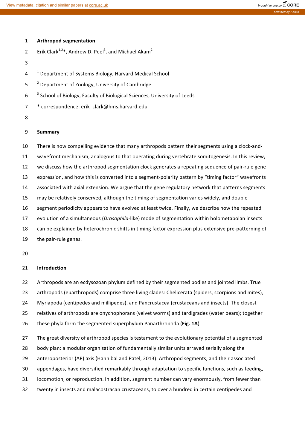 Arthropod Segmentation 1 Erik Clark1,2*, Andrew D. Peel3, And