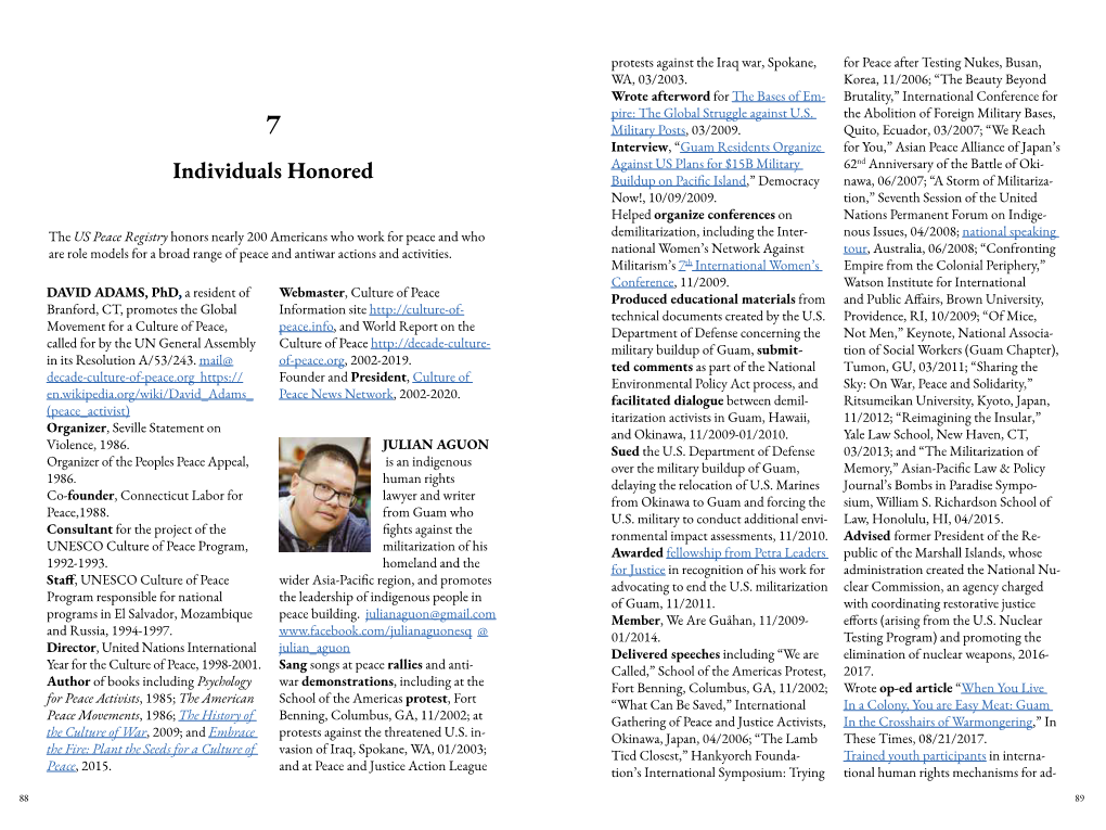 Individuals Honored Buildup on Pacific Island,” Democracy Nawa, 06/2007; “A Storm of Militariza- Now!, 10/09/2009