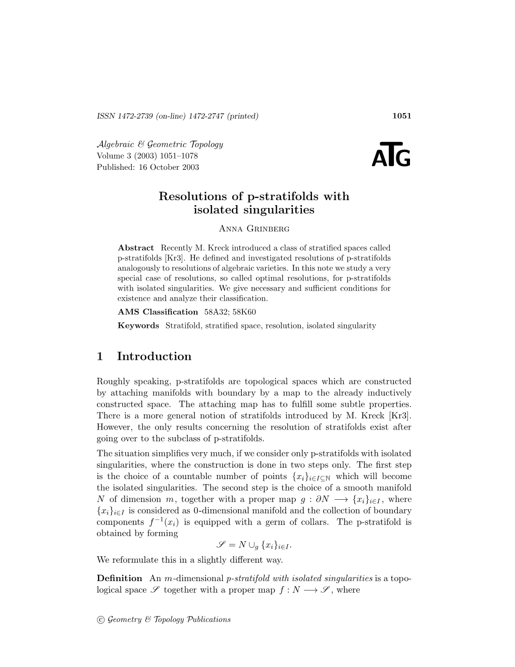 Resolutions of P-Stratifolds with Isolated Singularities 1053