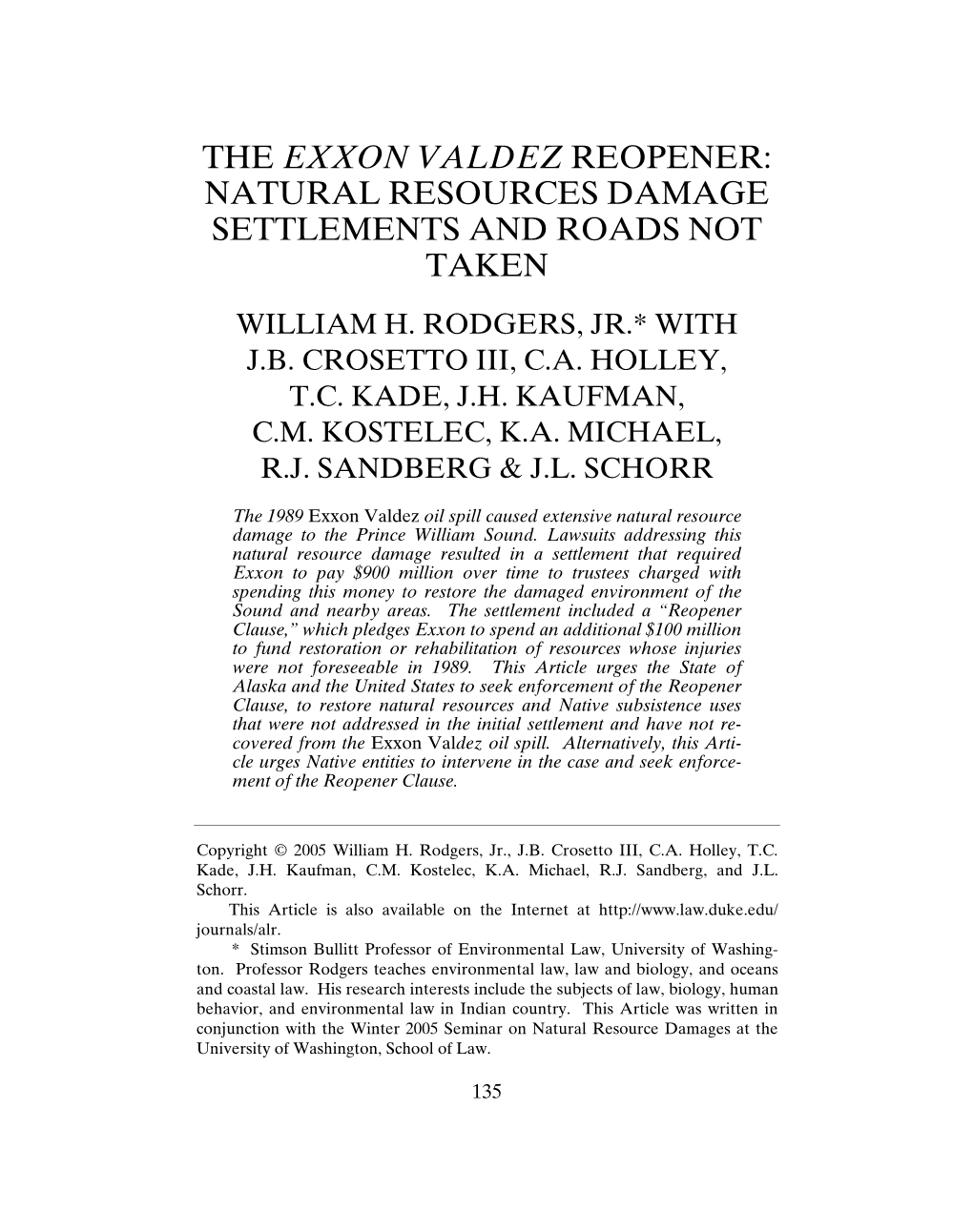 Exxon Valdez Reopener: Natural Resources Damage Settlements and Roads Not Taken William H