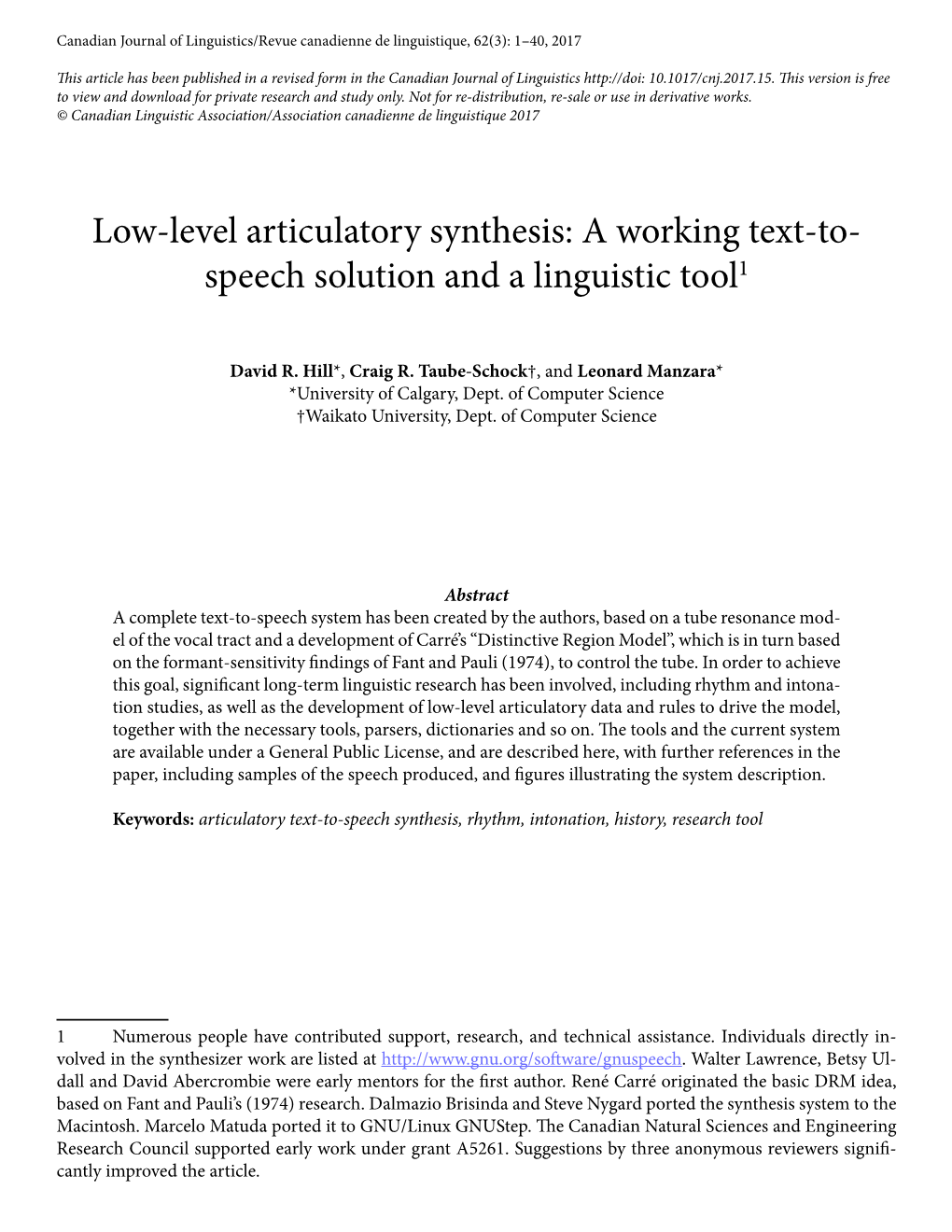 Low-Level Articulatory Synthesis: a Working Text-To- Speech Solution and a Linguistic Tool1