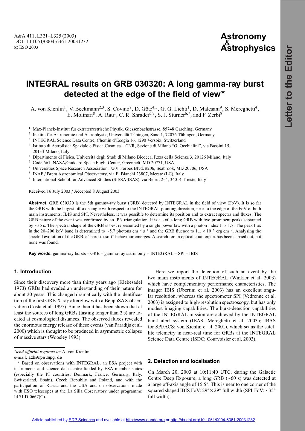 INTEGRAL Results on GRB 030320: a Long Gamma-Ray Burst Detected at the Edge of the ﬁeld of View?