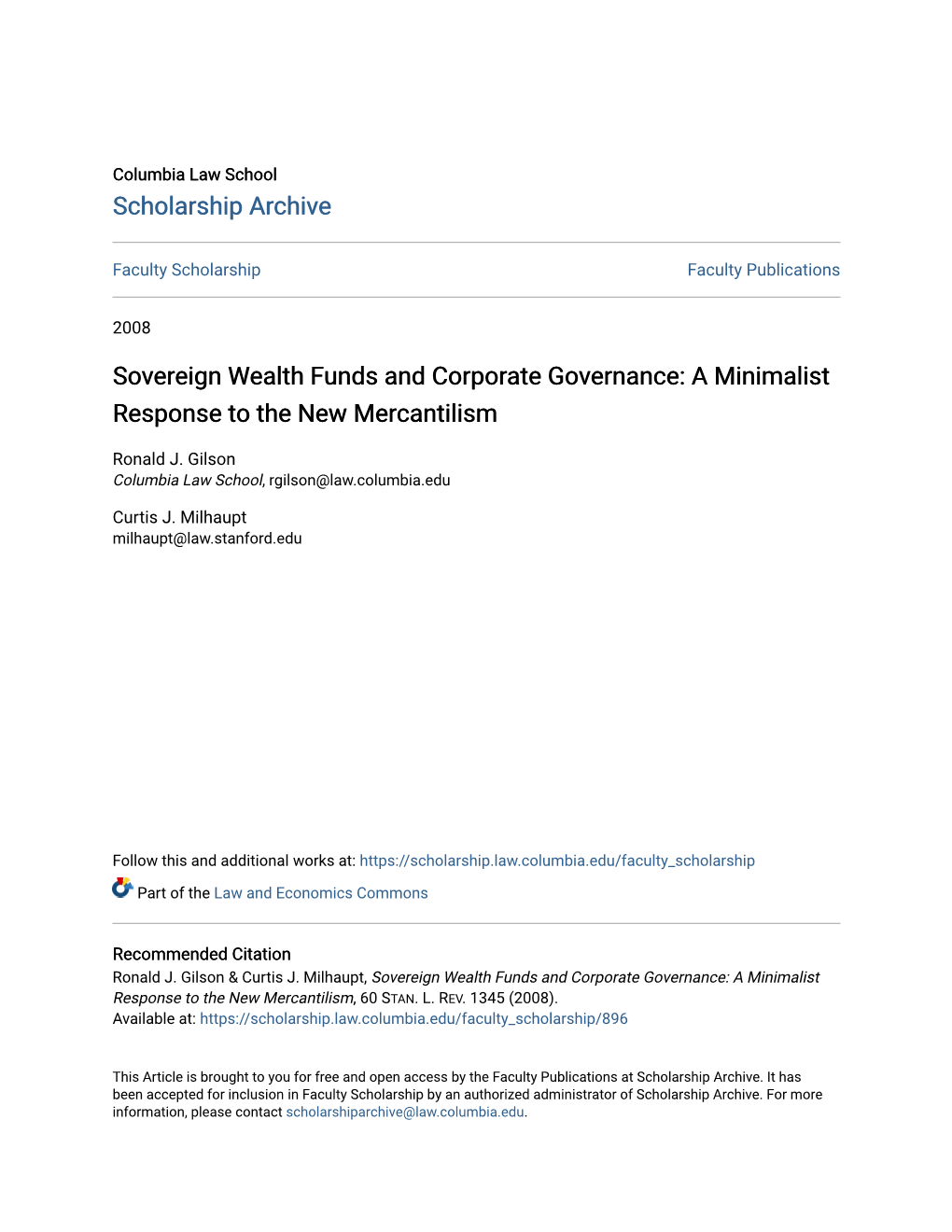 Sovereign Wealth Funds and Corporate Governance: a Minimalist Response to the New Mercantilism
