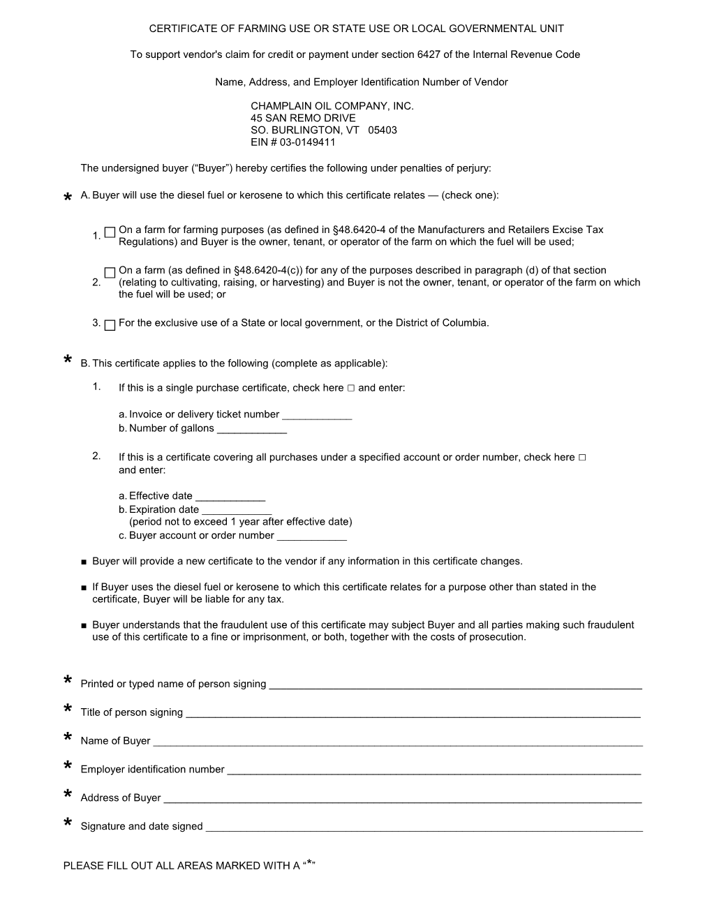 Certificate Of Farming Use Or State Use Or Local Governmental Unit