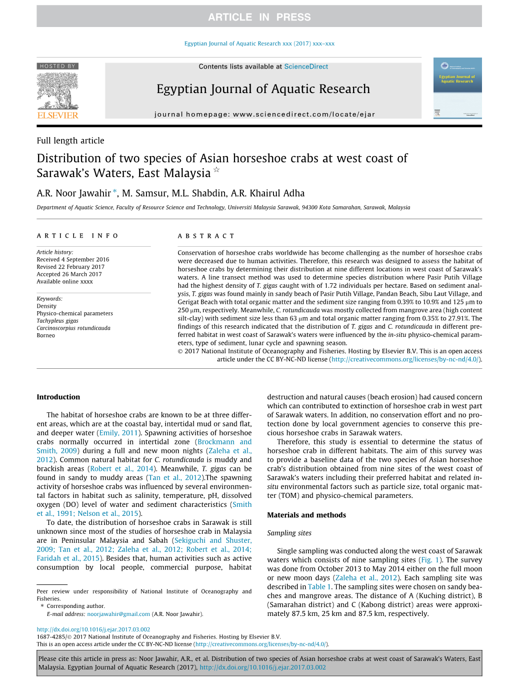 Distribution of Two Species of Asian Horseshoe Crabs at West Coast of Sarawak’S Waters, East Malaysia Q ⇑ A.R