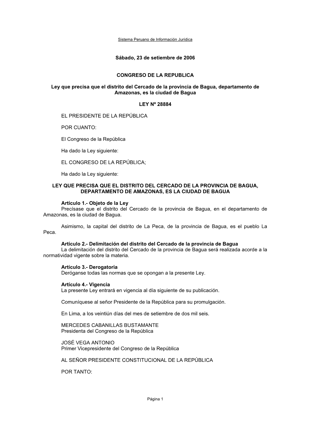 Sábado, 23 De Setiembre De 2006 CONGRESO DE LA REPUBLICA