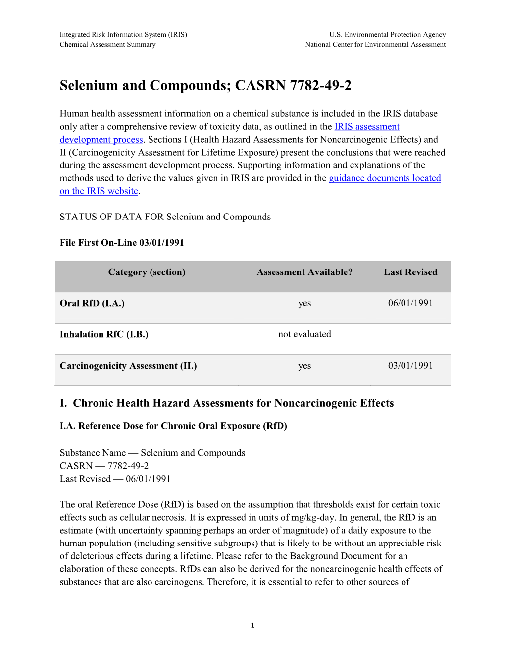 Selenium and Compounds (CASRN 7782-49-2) | IRIS | US