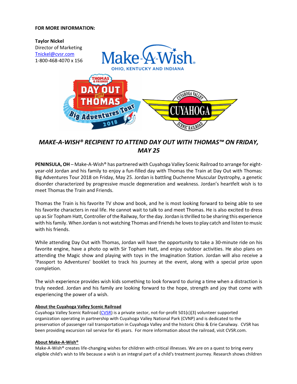 Make-A-Wish® Recipient to Attend Day out with Thomas™ on Friday, May 25