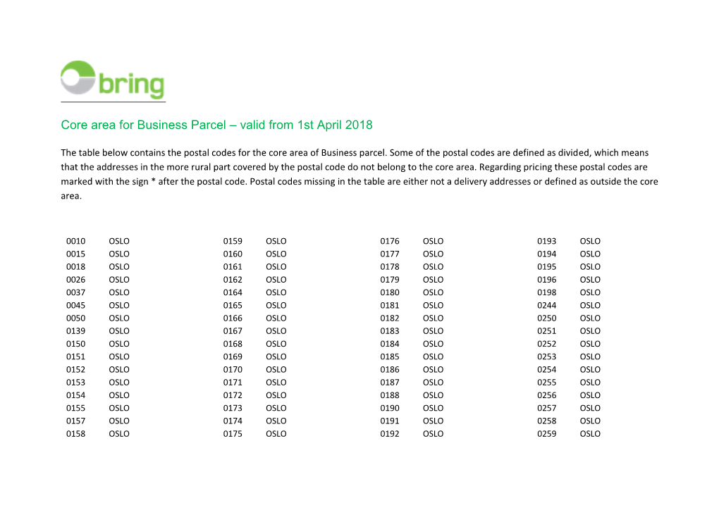 Core Area Business Parcel Valid from April 01, 2018