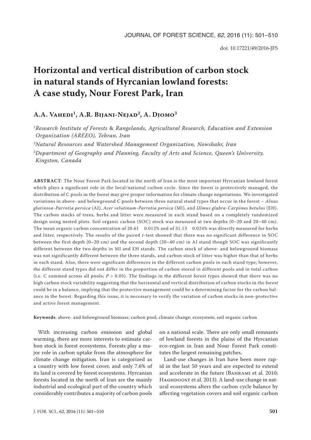 Horizontal and Vertical Distribution of Carbon Stock in Natural Stands of Hyrcanian Lowland Forests: a Case Study, Nour Forest Park, Iran