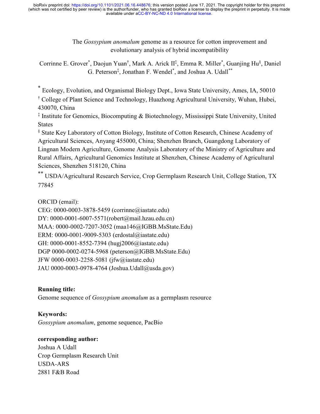 The Gossypium Anomalum Genome As a Resource for Cotton Improvement and Evolutionary Analysis of Hybrid Incompatibility